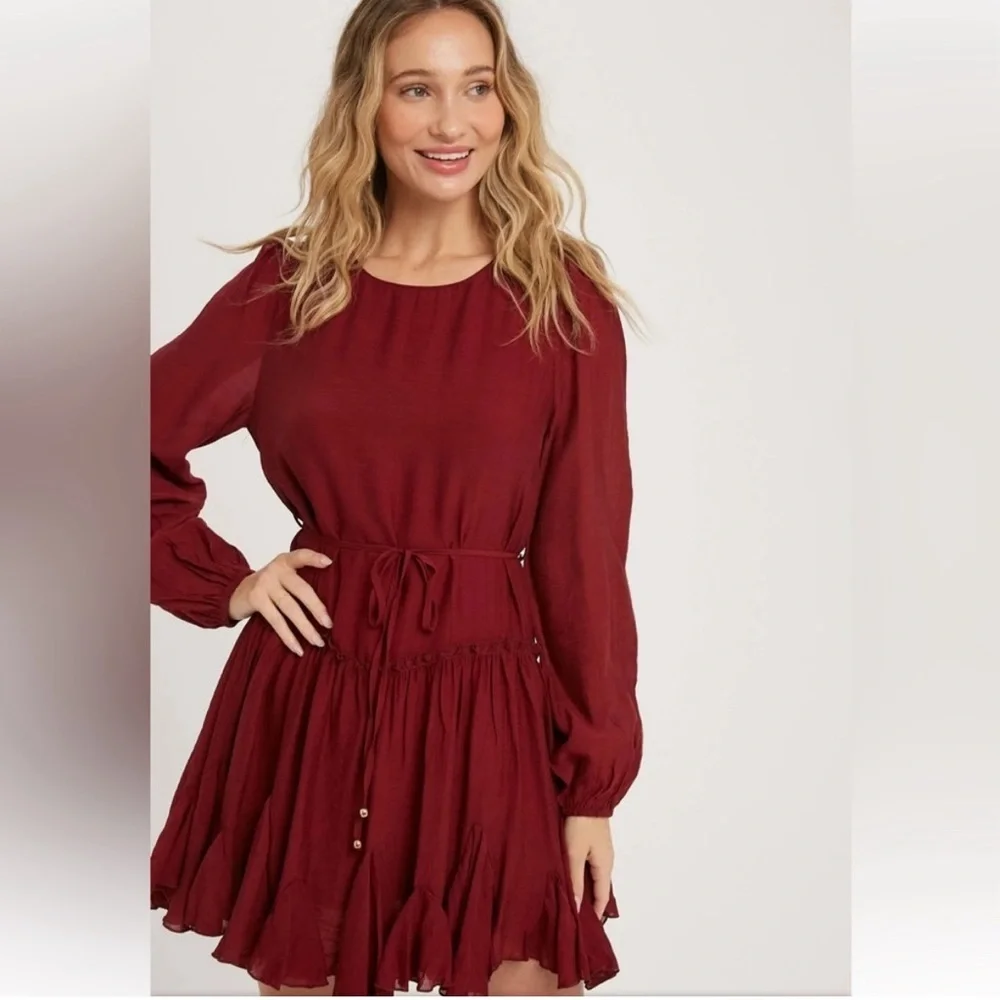 Blu ivy maroon swing dress with tie and ruffled bottom new with tag - Picture 1 of 7